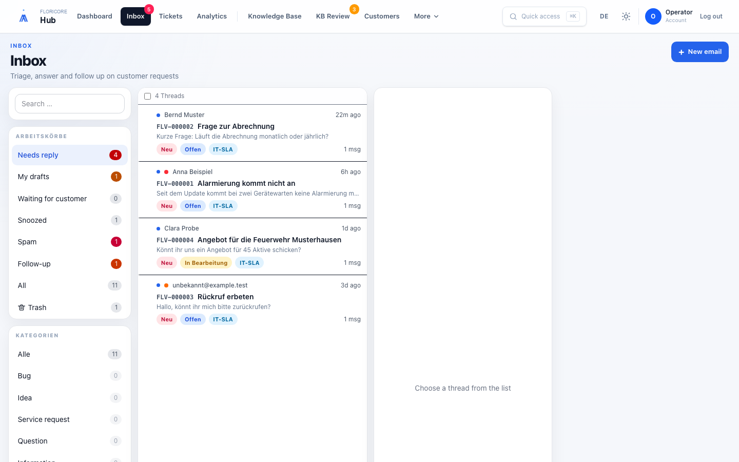FloriCore Hub Inbox mit Arbeitskörben und offenen Vorgängen